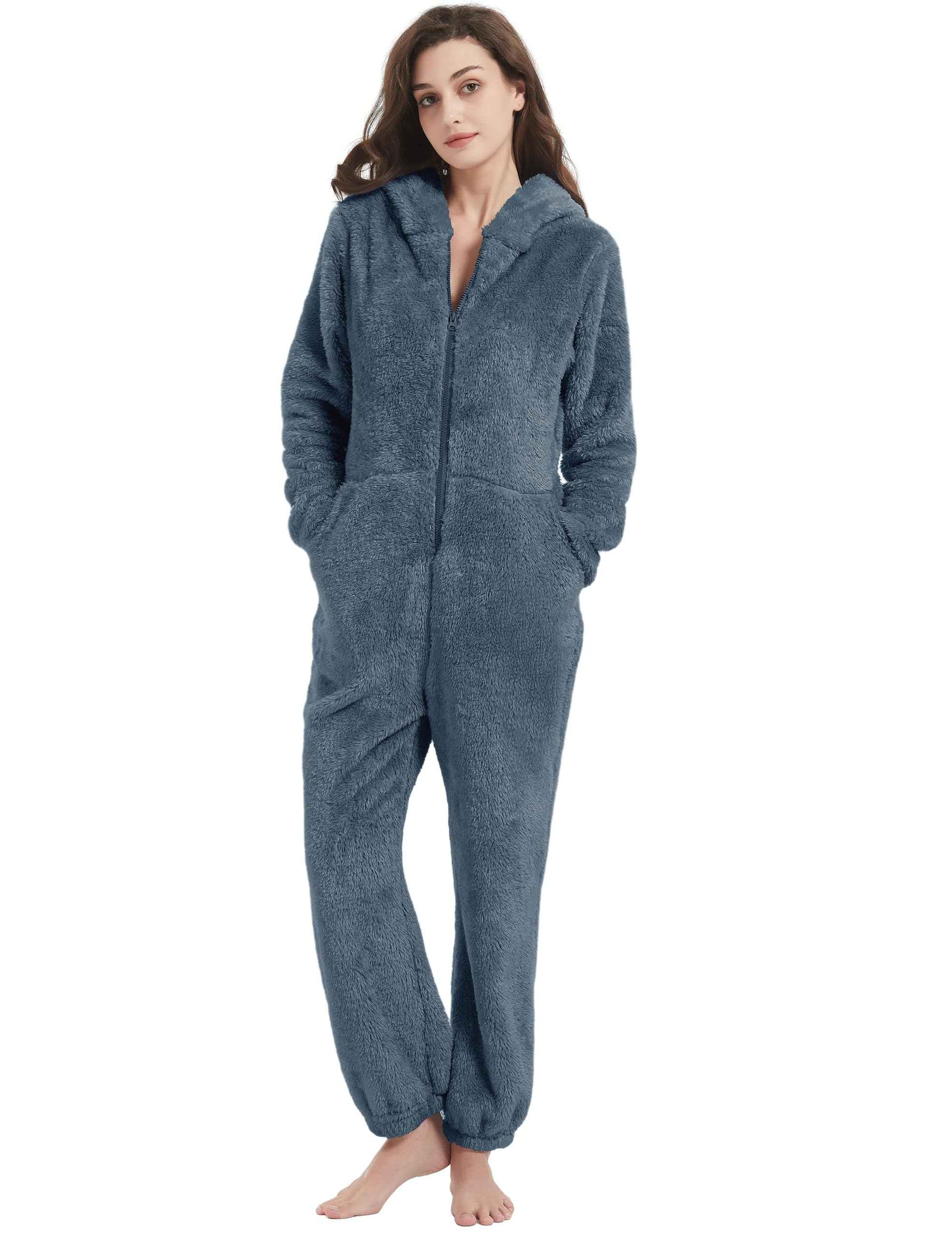 Kissonic Womens Onesie Pajamas Fleece Hooded Comfy One Piece Romper Fuzzy Sleepwear Homewear(Navy-S)