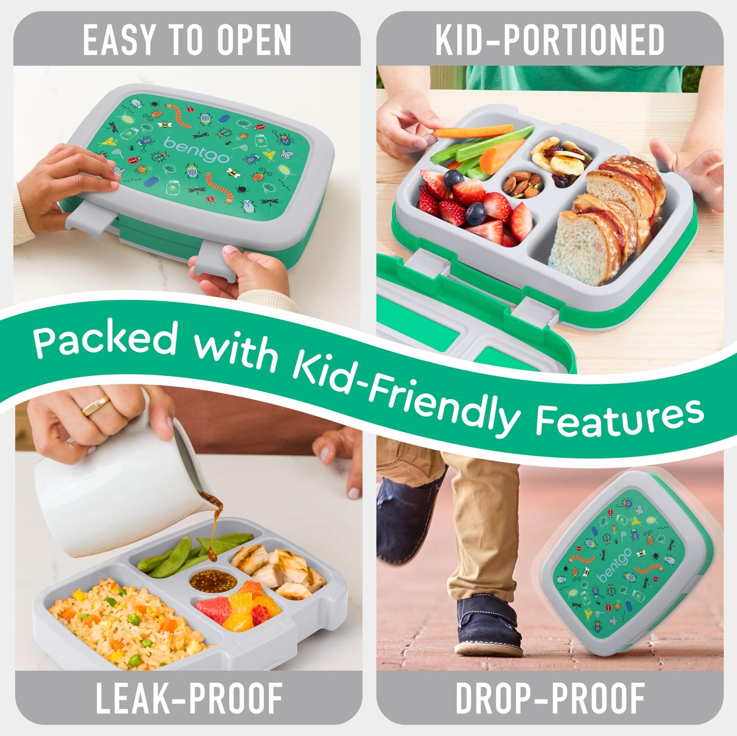 Bentgo Kids Prints Leak-Proof, 5-Compartment Bento-Style Kids Lunch Box - Ideal Portion Sizes for Ages 3-7, Durable, Drop-Proof, Dishwasher Safe, & Made with BPA-Free Materials (Bug Buddies)