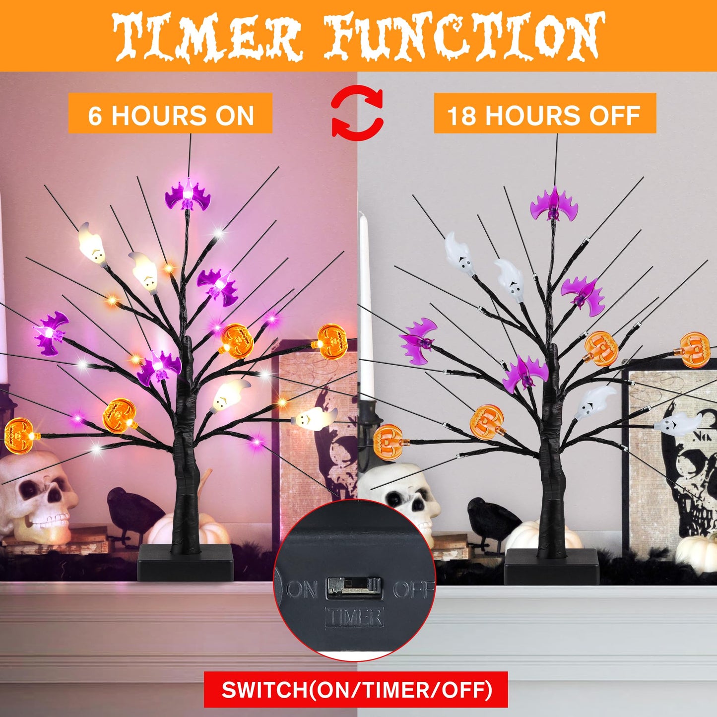 [Timer] 2 Pack 18" Black Halloween Tree, 48 LED Spooky Lighted Halloween Table Decor with Pumpkin Bat Ghost Lights, USB/Battery Operated Halloween Decorations Indoor Birch Tree for Home Party Mantle