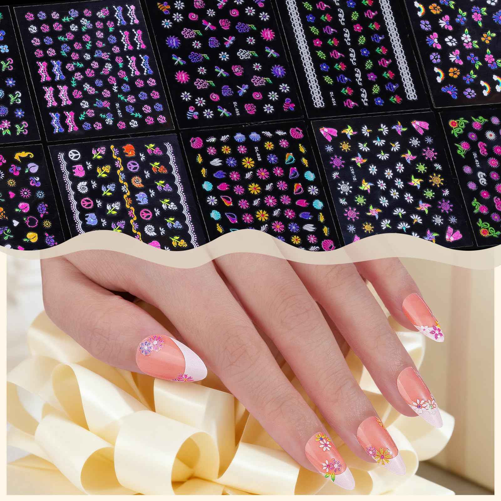 FANDAMEI Nail Stickers for Girls, 30 Sheets Cute Kids Nail Stickers for Nail Art, 3D Self-Adhesive Glitter Floral Fruit Heart Decals for Women, Little Girl Nail Decals for Design