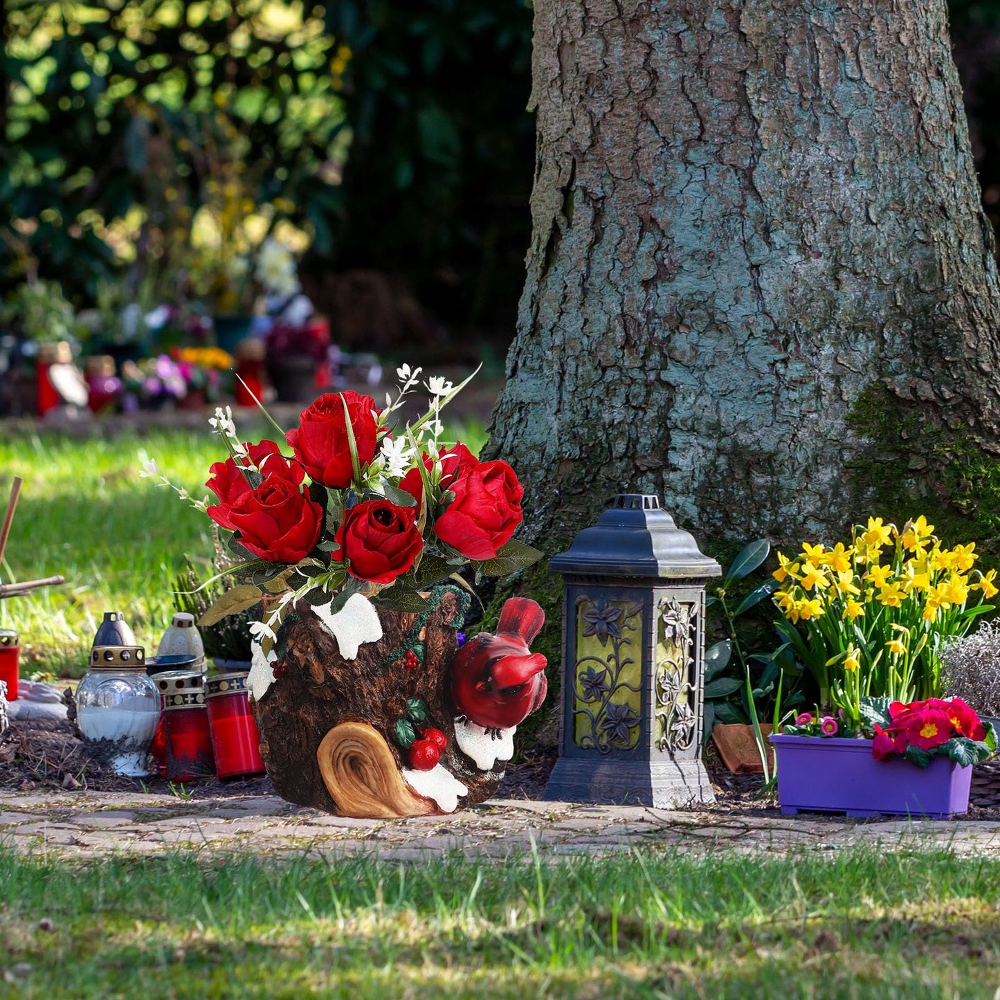 bocola Cardinal Cemetery Decorations Cardinal Grave Vase with Artificial Roses Flowers for Headstones Gravesite Graveyard Decorations Memorial Gift