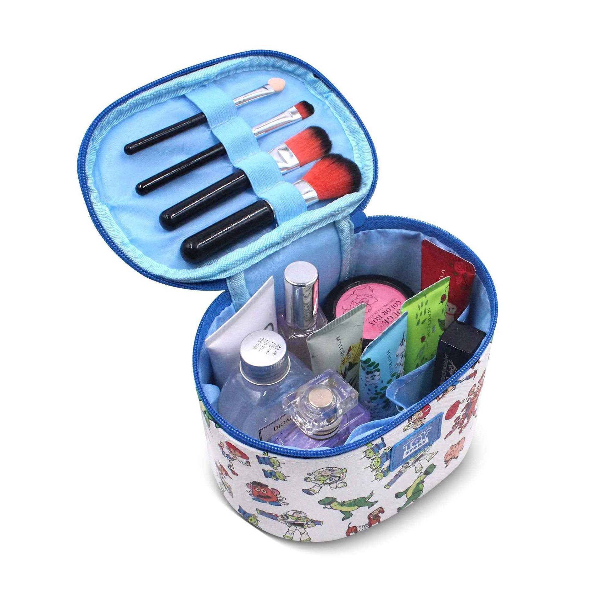 Finex Cartoon Story PVC Waterproof Makeup Organizer Bag Zipper Closure with Top Handle and Removable Matching Hand Strap Oval Base Case