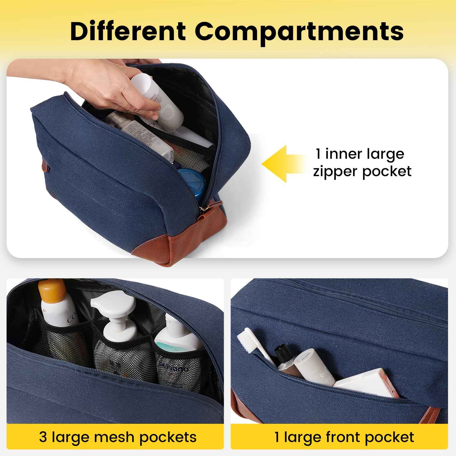 Vorspack Large Travel Toiletry Bag - Hanging Toiletry Bag for Men Water Resistant Canvas Shaving Bag with Large Capacity for Home Travel - Navy Blue