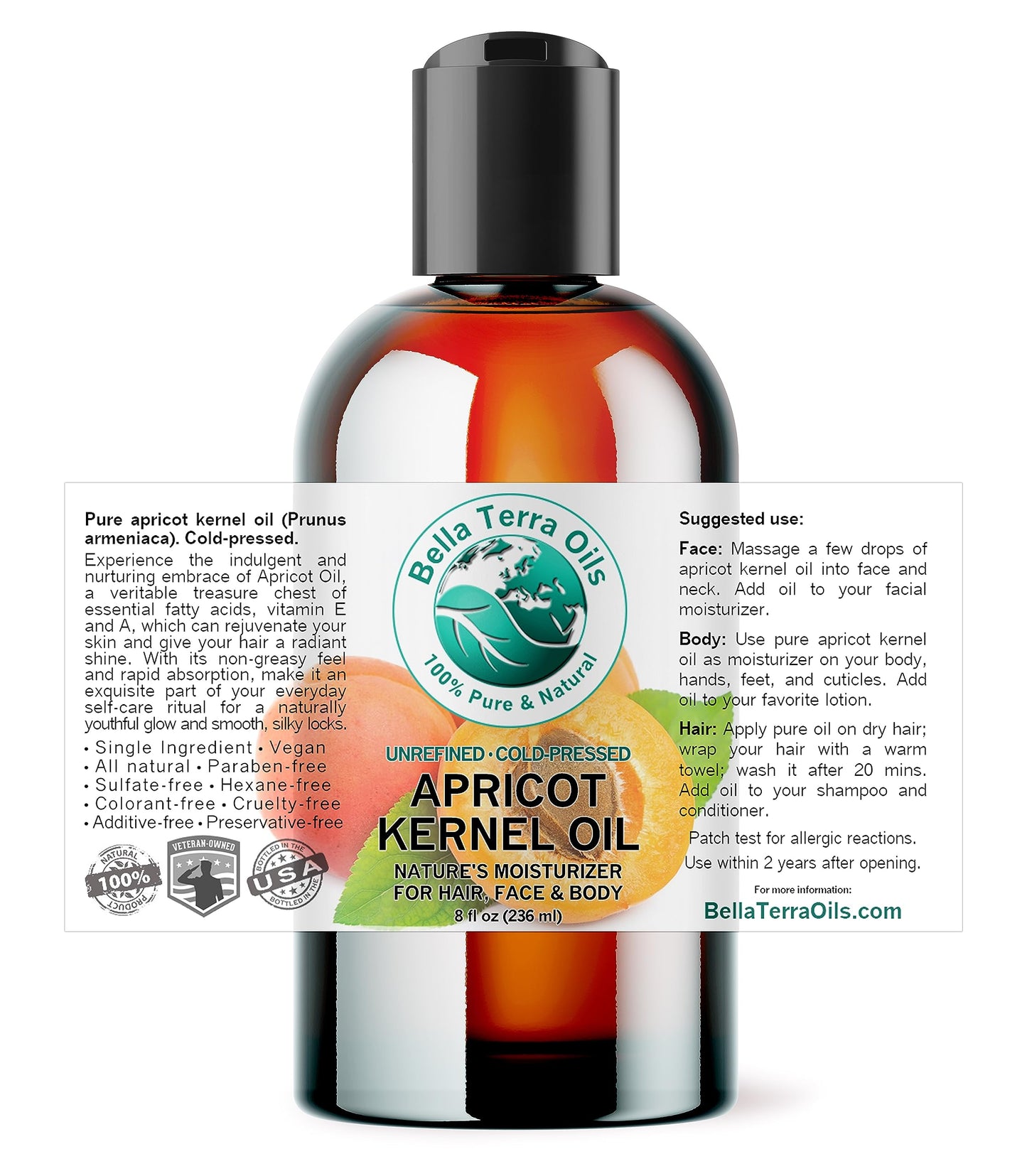 Bella Terra Oils - Organic Apricot Seed Oil 8 oz - Embrace the Bitter Organic Apricot Kernels Richness, Vitamin-Enriched, Perfect for Soothing & Moisturizing Skin