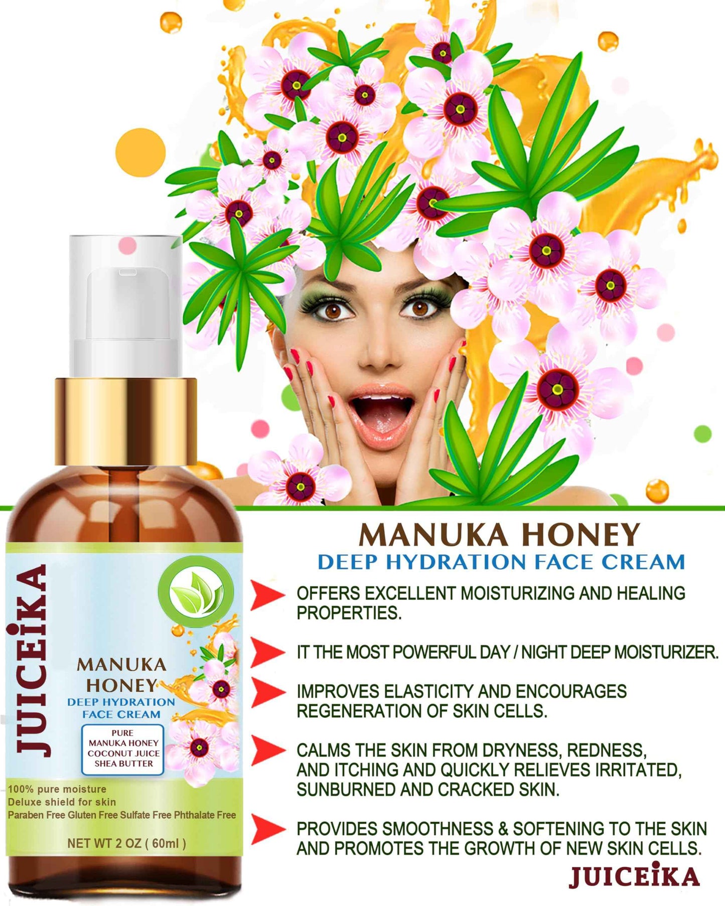 Juiceika MANUKA HONEY Deep Hydration Face Cream Face Moisturizer. Manuka Oil, Aloe Vera, Shea Butter, Coconut Oil, Jojoba Oil, Squalane, Hyaluronic Acid, Avocado Oil 2 Fl. oz. - 60 ml.