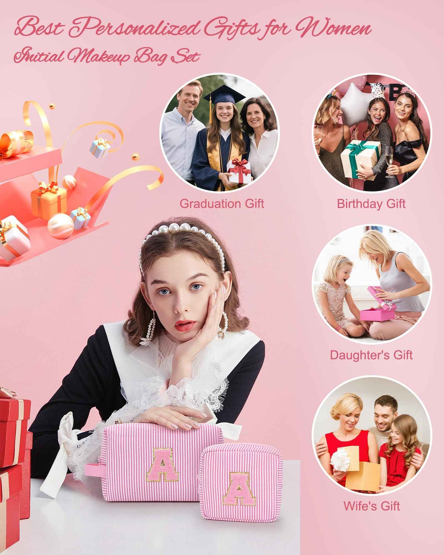 MONSTINA Initial Makeup Bag Set for Girls&Women,Personalized Make Up Case for Girlfriend Graduation Teacher Gifts,Cute Toiletry Bag Preppy Chenille Letter Patch,Pink A