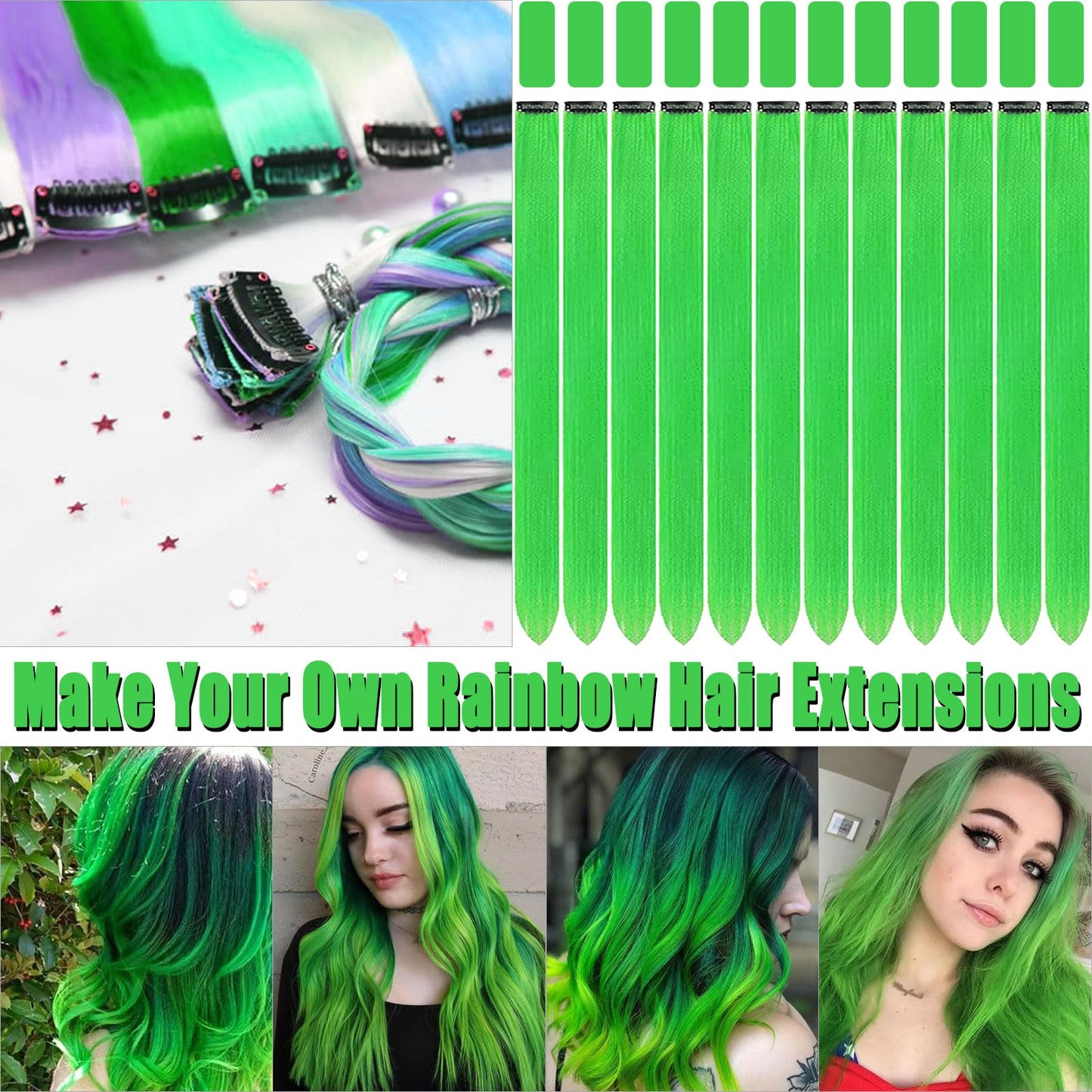 Olldag 12 PCS Green Hair Extensions Clip in, 22 Inch Colored Hair Extensions St. Patrick's Day Party Highlights Long Straight Synthetic Hairpieces for Women Kids Girls Halloween Christmas Cosplay