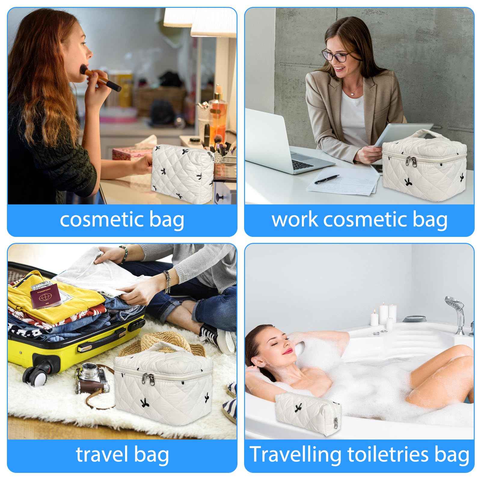 Quilted Makeup Bag, Large Capacity Travel Cosmetic Bag for Women and Girls, Aesthetic Storage for Daily and Travel Use (4pcs-embroidered Bow)