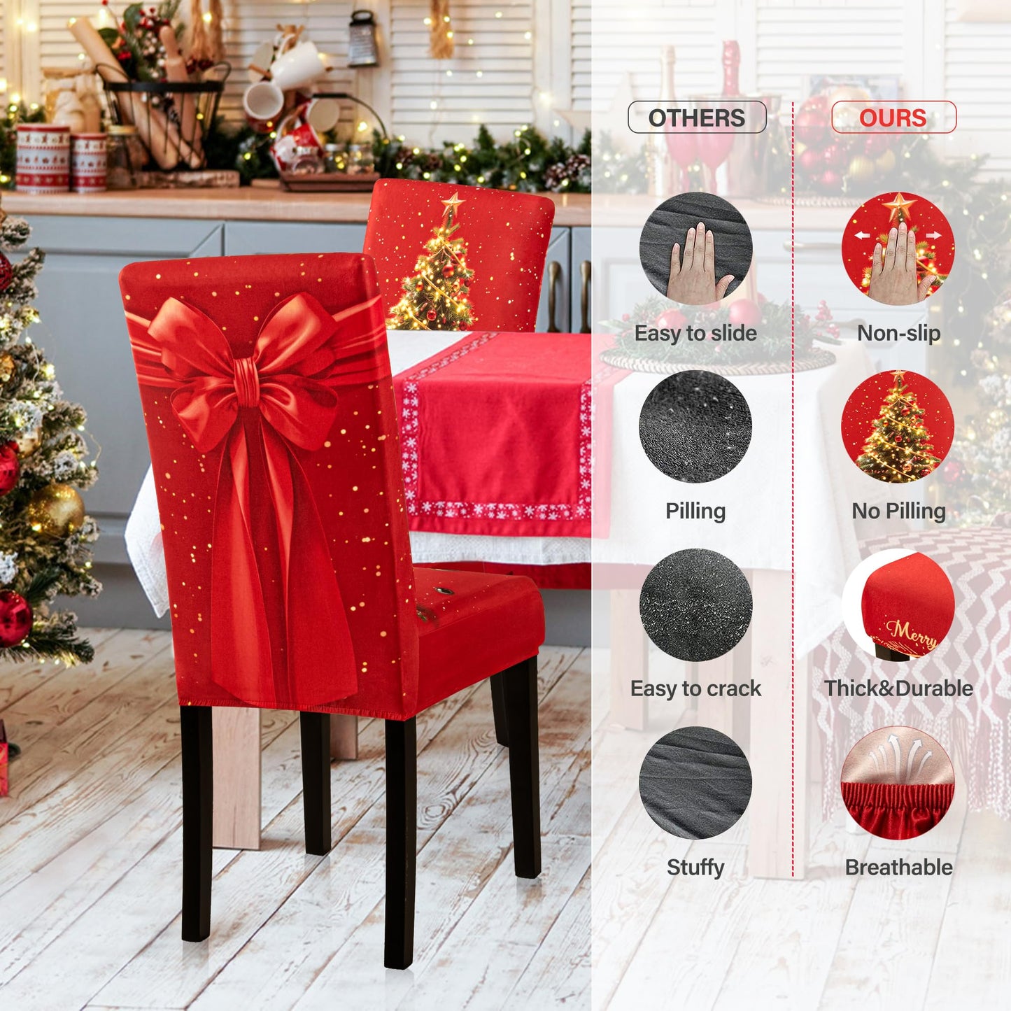 4PCS Christmas Dining Chair Covers Stretch Removable Washable Dining Room Chair Protector Slipcover 3D Print Xmas Tree Bow Tie Kitchen Chair Cover Slipcovers for Xmas Holiday Party Home Décor