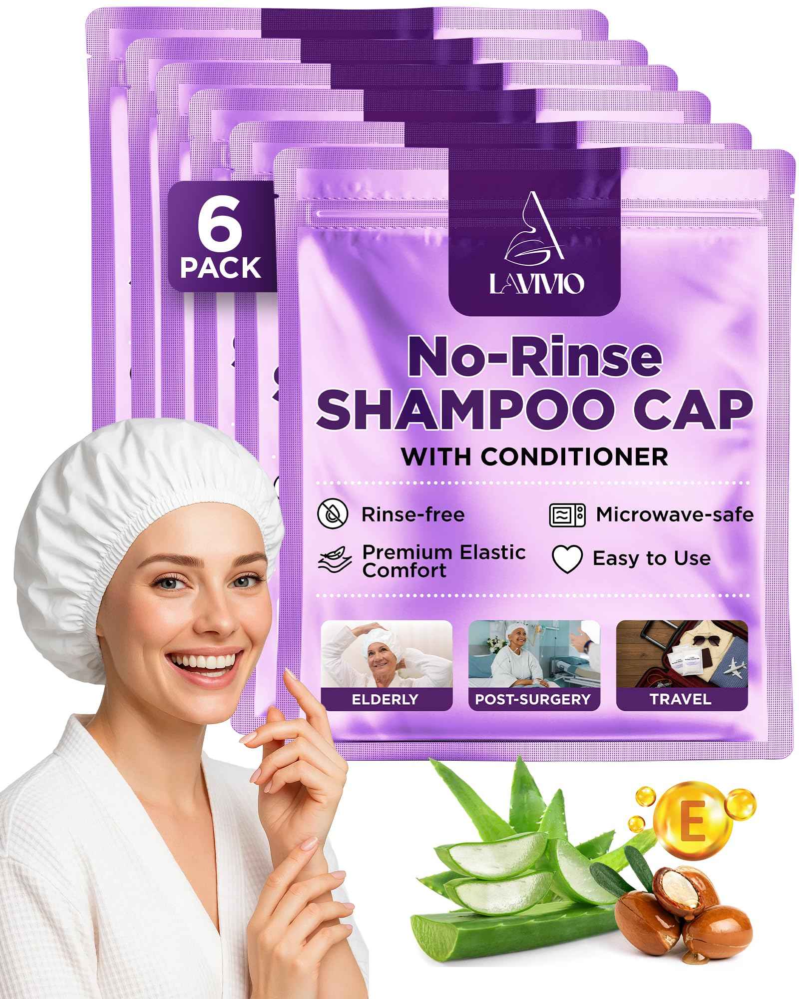 LAVIVIO No Rinse Shampoo Caps – Waterless Hair Washing Shower Caps for Bedridden Patients, Elderly & Hospital Use – Disposable Rinseless Conditioning Bathing Supplies with Aloe Vera, Vitamins - 6 Pack