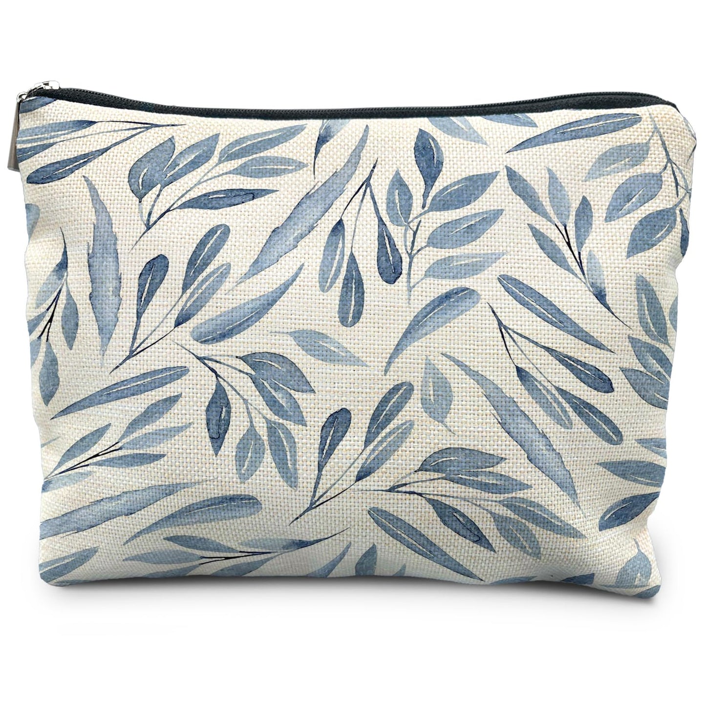 RYYCDOI Blue Floral Makeup Bag, Blue and White Chinoiserie Makeup Pouch, Floral Cosmetic Bag, Boho Botanical Leaves Cosmetic Bag for Women