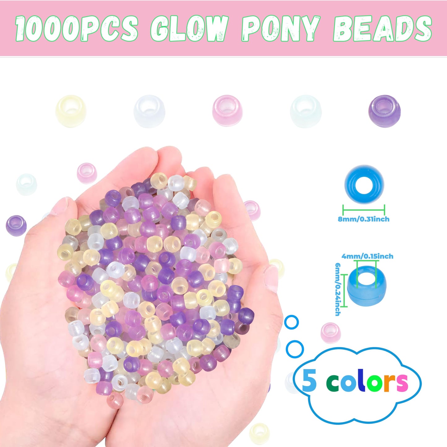 Auvoau 1000Pcs Pony Beads Bracelet 8mm Rainbow Plastic Barrel Pony Beads for Necklace,Hair Beads for Braids for Girls,Key Chain,Jewelry Making (UV Beads/Glow in The Dark)