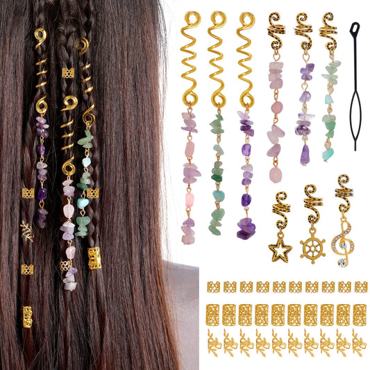 40Pcs Hair Jewelry for Braids, hoyuwak Natural Colored Crystal Stone Hair Braid Accessories Metal Hair Charms Gold Loc Dreadlock Spirals Cuffs Rings for Women Girls Rave Festival Hairstyle Decoration