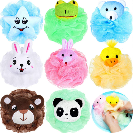 Boao 8 Pieces Bath Loofahs Animal Kids Bath Sponges Pouf Mesh Animal Toy Loofah Bath Colorful Cartoon Body Scrubber Balls Shower Mesh for Boys Girls Adults