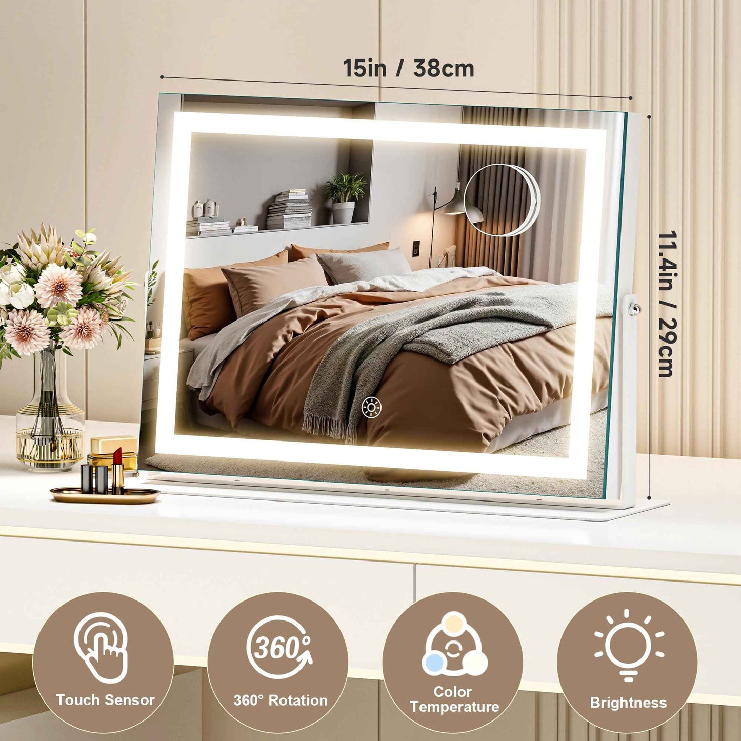 MINISO Vanity Mirror with Lights-15" x 11.4" LED Makeup Mirror, 3 Color Modes Touch Control and Brightness Adjustment Lighting Mirror, 10X Magnifying Glass, 360° Rotation