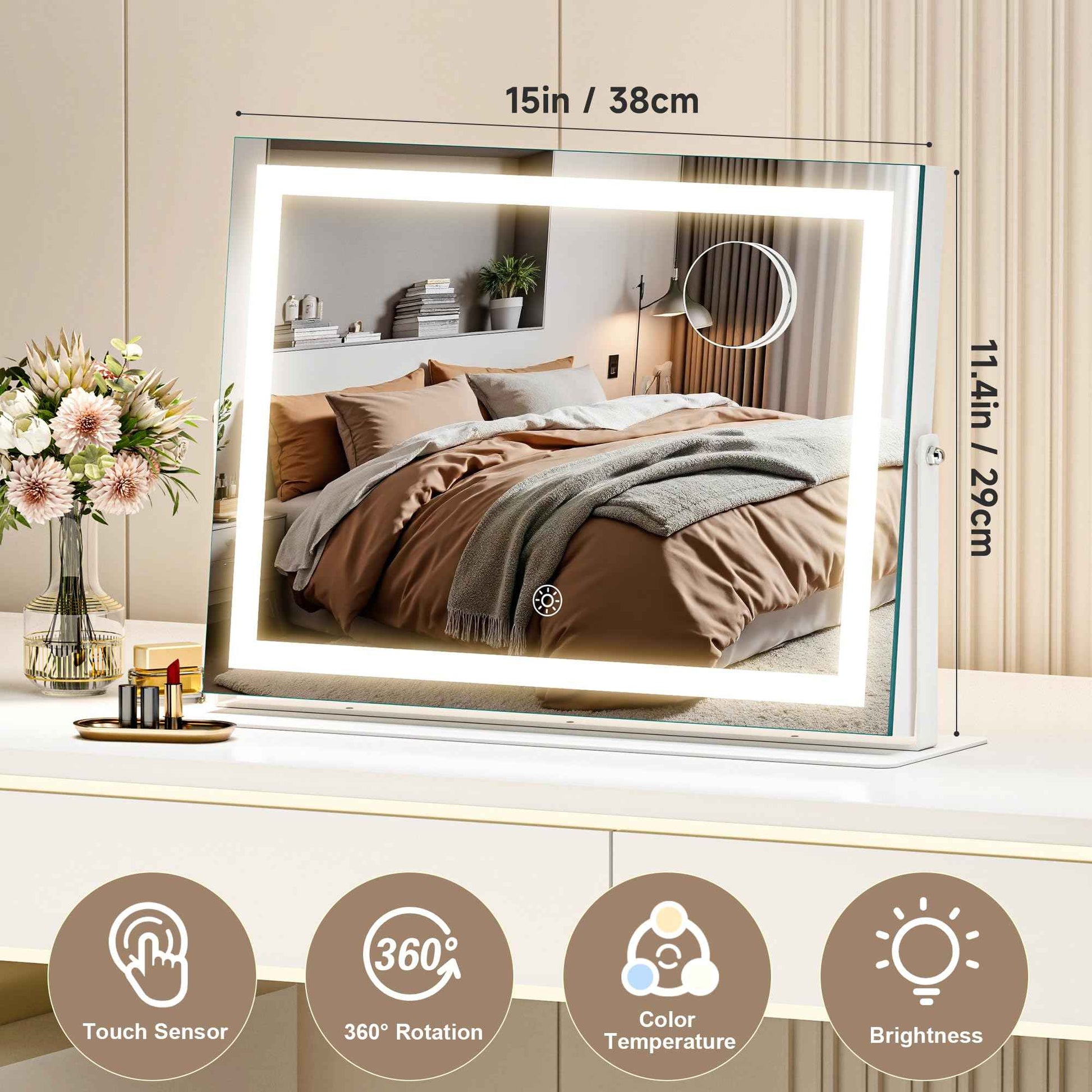 MINISO Vanity Mirror with Lights-15" x 11.4" LED Makeup Mirror, 3 Color Modes Touch Control and Brightness Adjustment Lighting Mirror, 10X Magnifying Glass, 360° Rotation