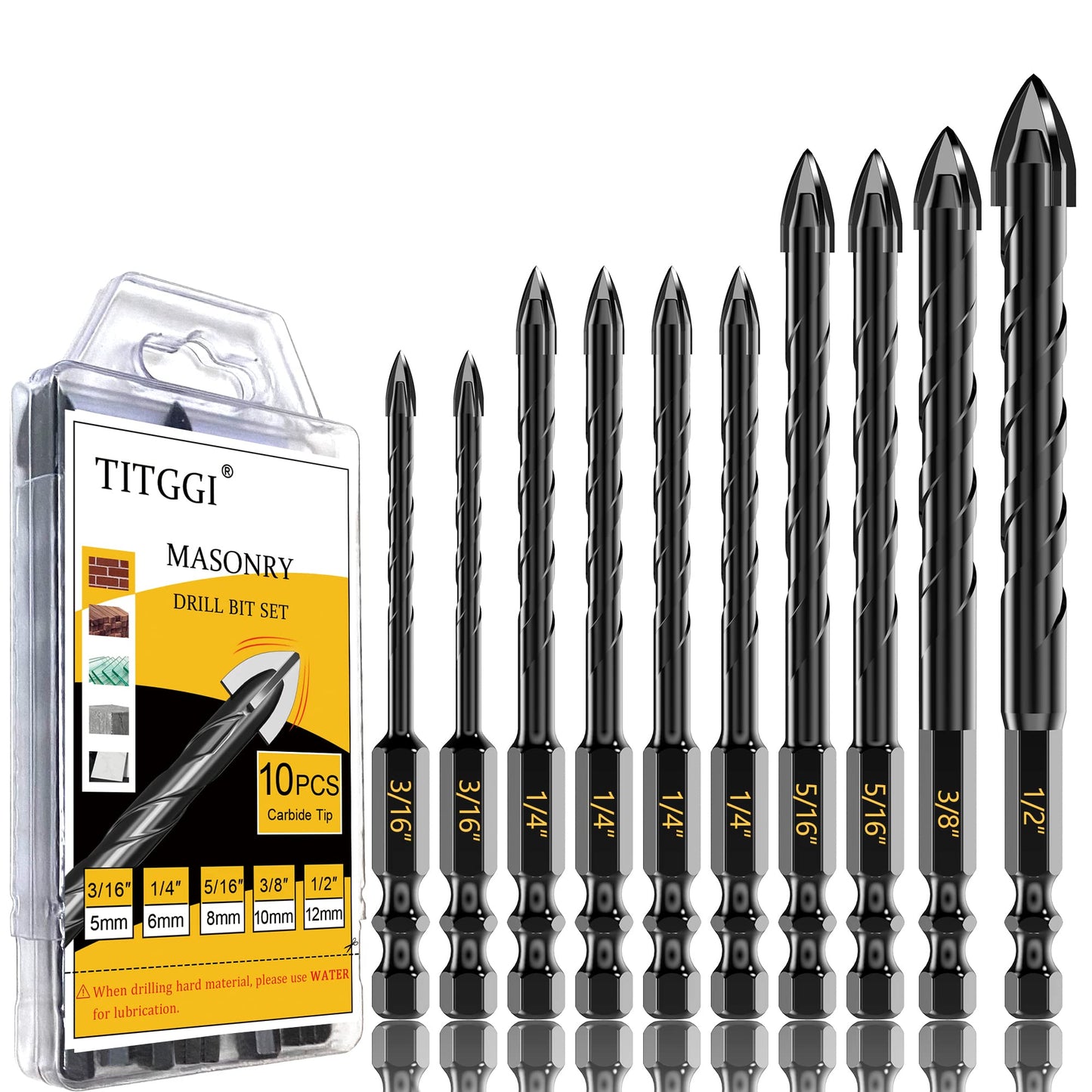 Masonry Drill Bit Set - Cement Drill Bit, Professional Concrete Drill Bit Set (10PCS) for Glass/Brick/Cement/Tile/Etc, Industrial Strength Carbide Cross Drill Bit Tip, 3/16"-1/2" by TITGGI