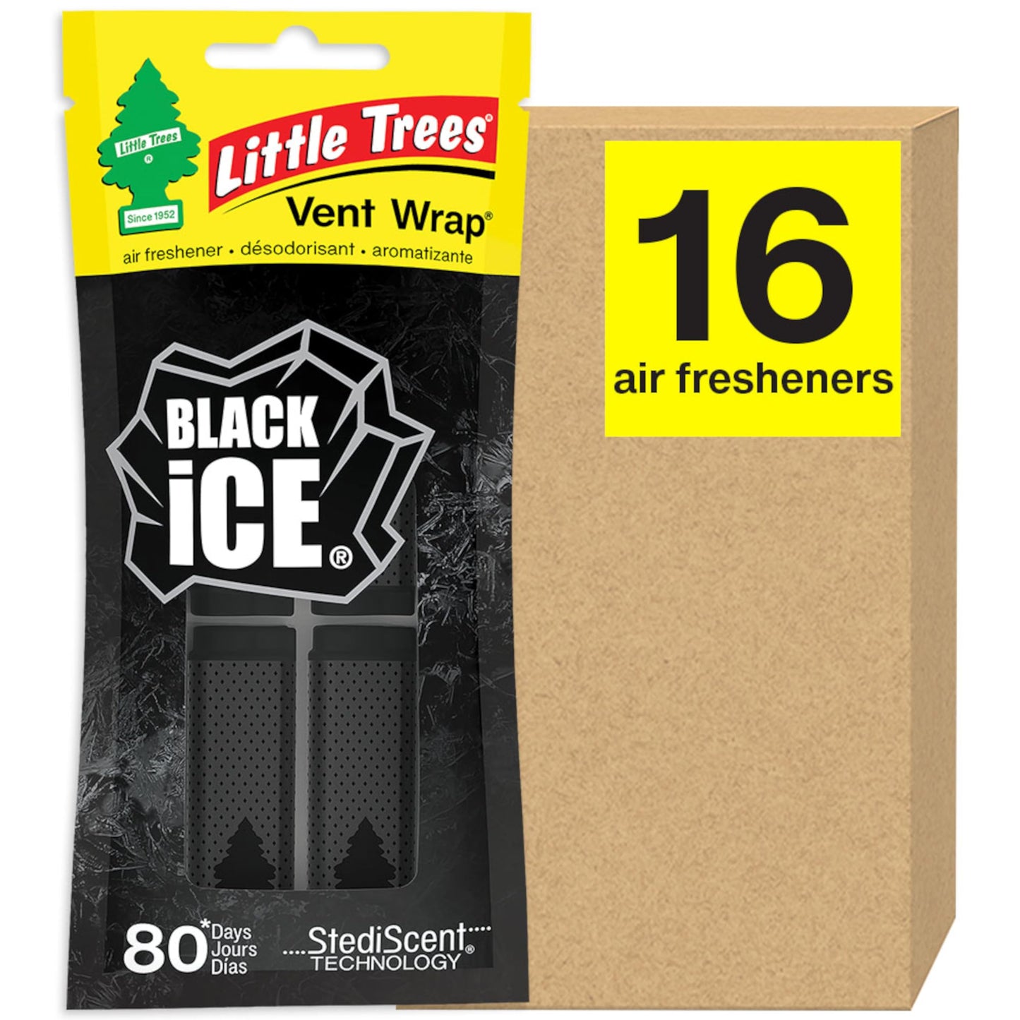 LITTLE TREES Car Air Freshener. Vent Wrap Provides Long-Lasting Scent, Slip on Vent Blade. Black Ice, 16 Air Fresheners, 4 Count (Pack of 4)