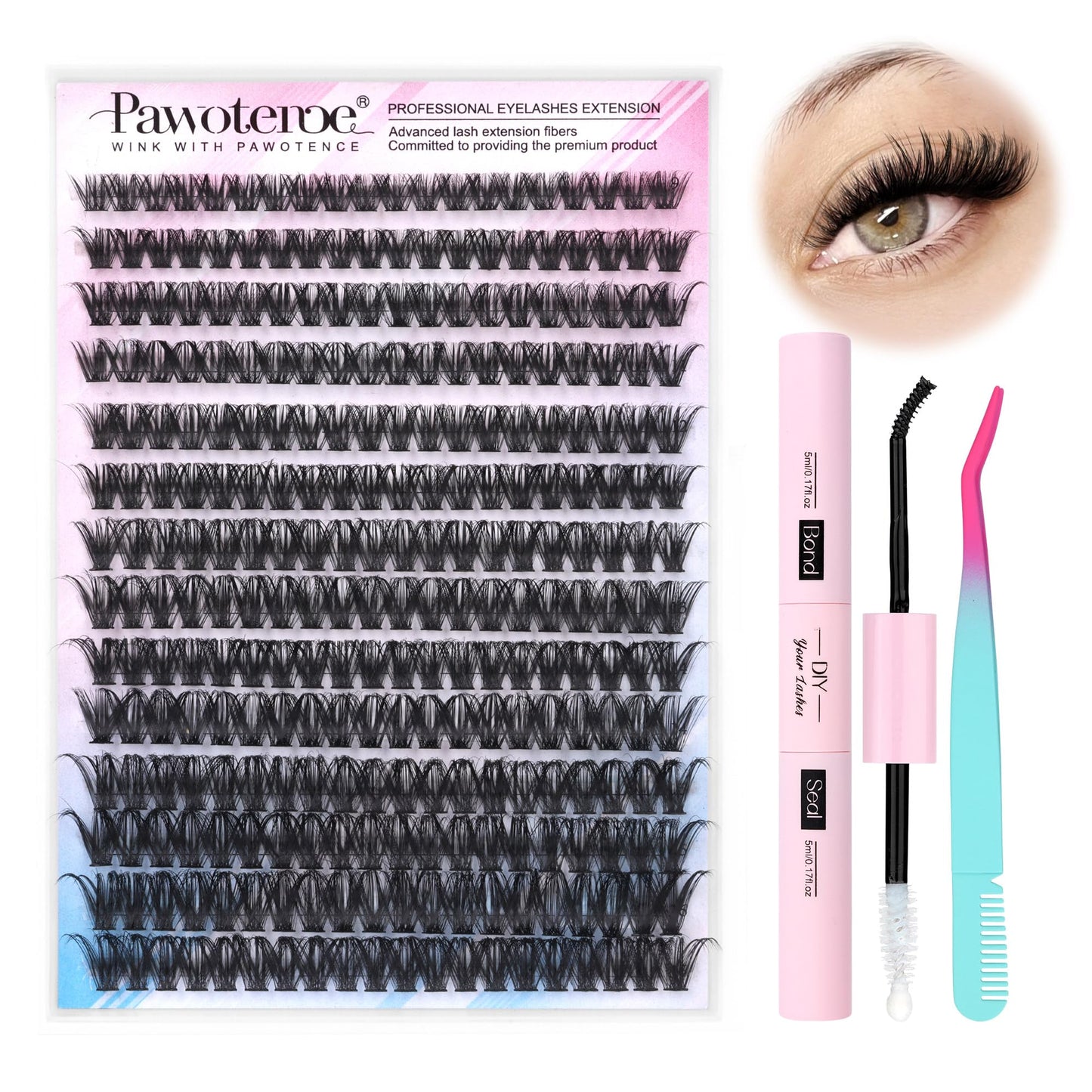 Pawotence Lash Extension Kit DIY 280pcs Individual Lash Clusters Kit 50D Curl 9-16mm Cluster Eyelash Extension Kit with Lash Bond and Seal and Lash Tweezers for Self Application(50D-0.07D-9-16MIX KIT)