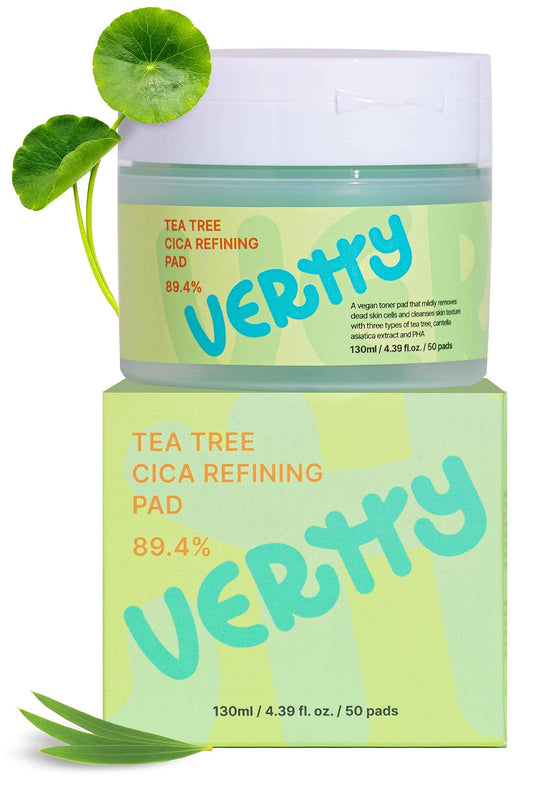 Vertty Tea Tree Cica Toner Pad | Exfoliating, Hydrating, Redness Relief Toner Pad for face | 100% Vegan Cotton Pad | Long-lasting Hydration | All Skin Types | Teens & Kids Skin Care (50 Count, 4.4oz)