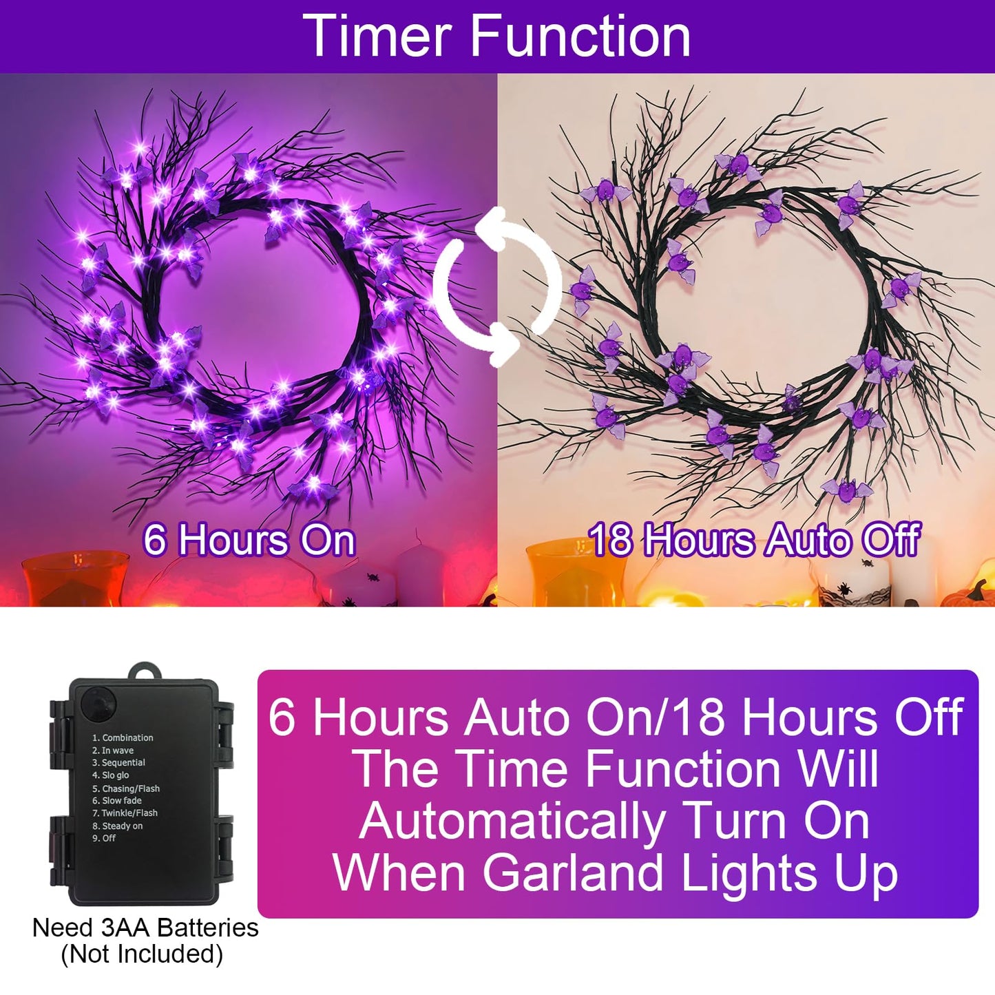 [Timer & 8 Modes] Krissing 6Ft 57 LED Halloween Willow Vine Twig Halloween Garland with 19 Bats Purple Lights Waterproof Battery Operated Halloween Lights Home Indoor Wall Fireplace Mantle Decor