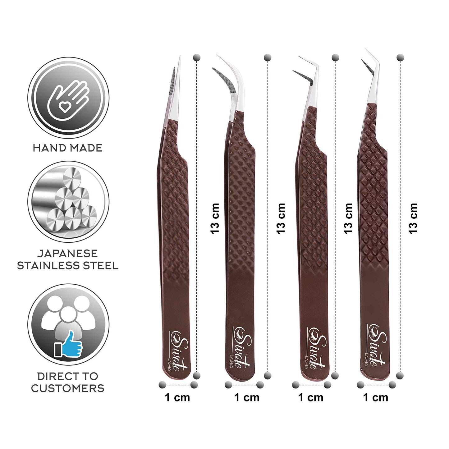 SIVOTE Lash Extension Tweezers Fiber Tips, Set of 4, Curved, Dolphin, 90 Degree & 45 Degree Tweezer, Chocolate