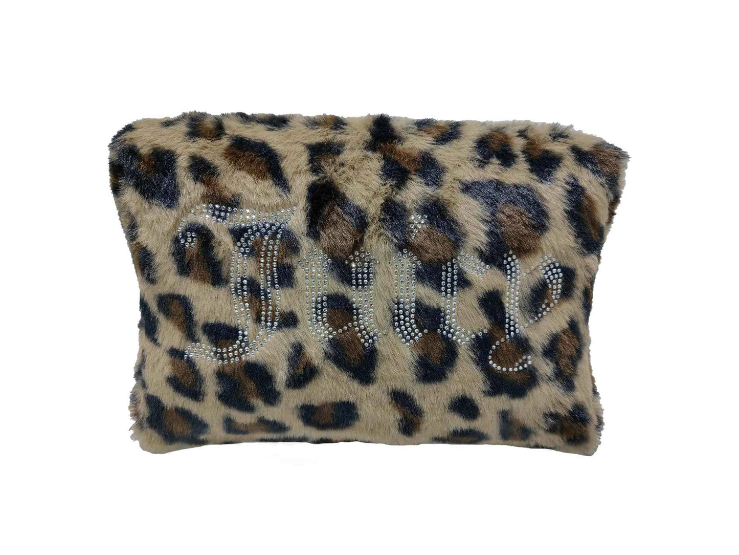 Juicy Couture Brown Makeup Bag Cosmetics Organizer Travel Essentials Zip Top Wedge Leopard Print Faux Fur Rhinestone