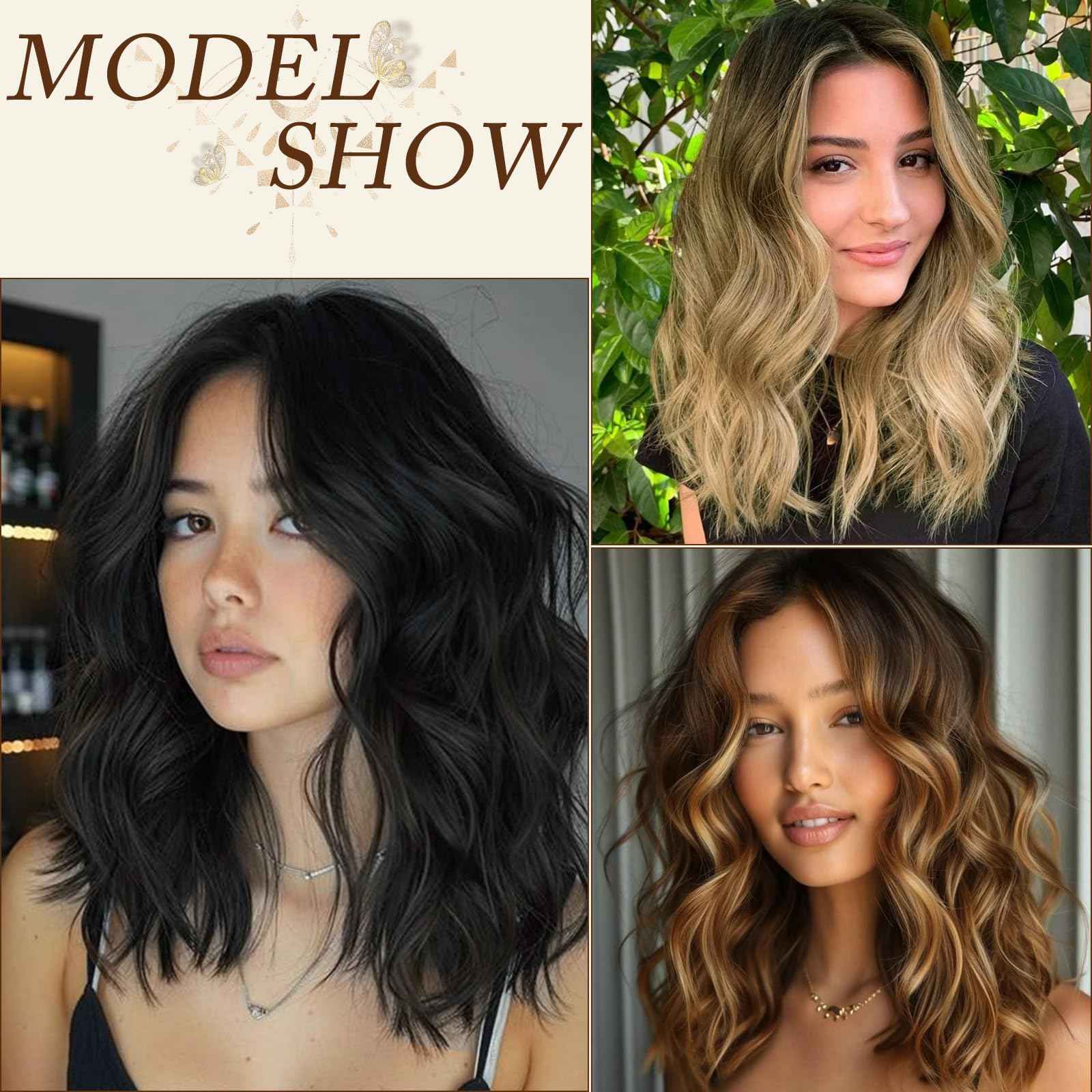 NOVFLKW Black Short Wavy Wig for Women Shoulder Length Middle Part with Pre Cut Lace Hairline Wavy Wig Natural Appearance Synthetic Heat Resistant Fiber for Everyday Hairstyle 16 Inch