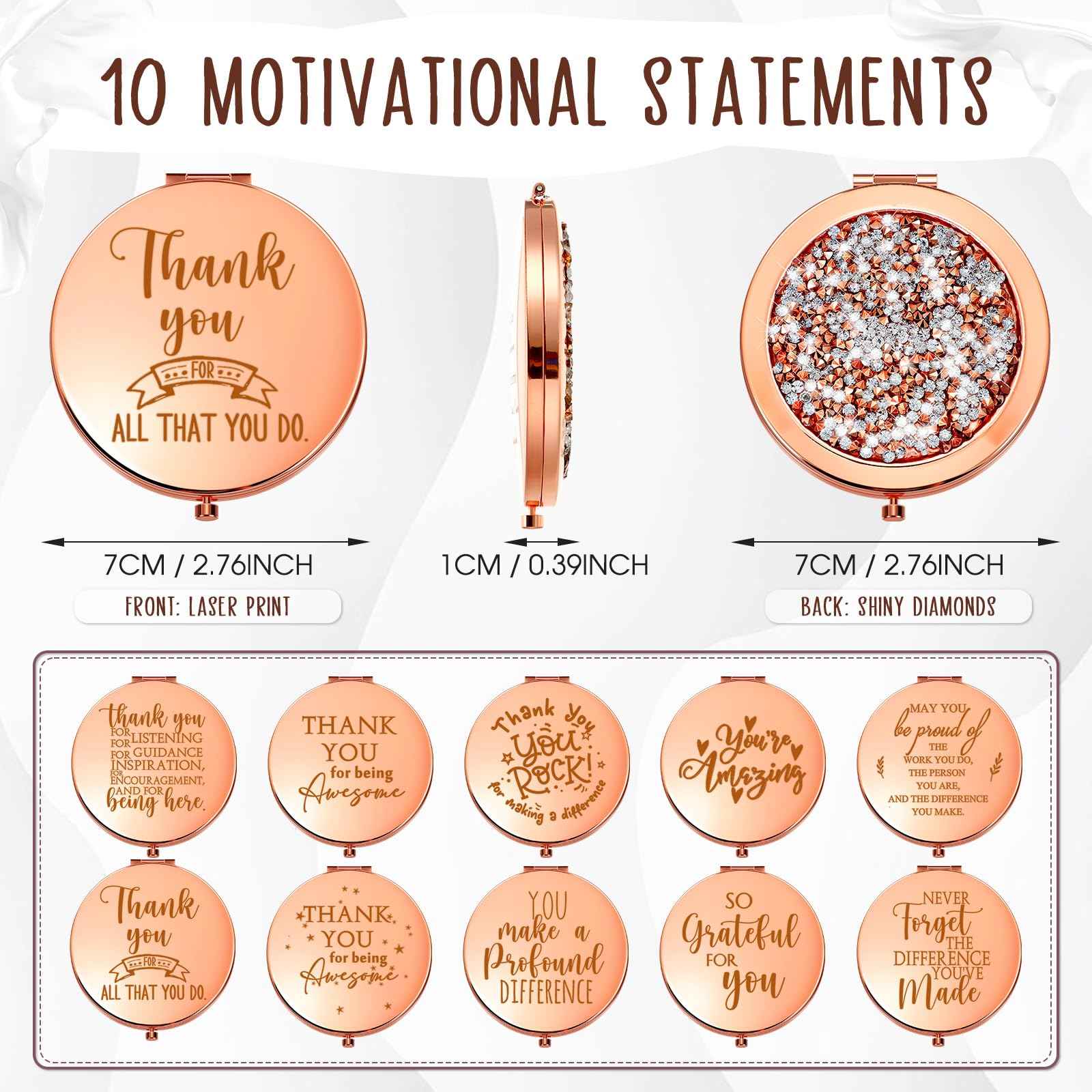 Kathfly 10 Pcs Thank You Gifts for Christmas Thanksgiving Women Mom Inspirational Compact Mirror Employee Appreciation Gifts Motivational Magnifying Pocket Mirror for Teachers(Rose Gold)