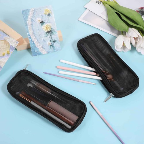 8.3 X 4 Inch 2 PCS Mesh Makeup Brush Bag Clear Travel Makeup Brush Holder Portable Mesh Travel Toiletry Bag with Zipper, Transparent Makeup Brush Storage Bag Cosmetics Brushes Organizer (Black)
