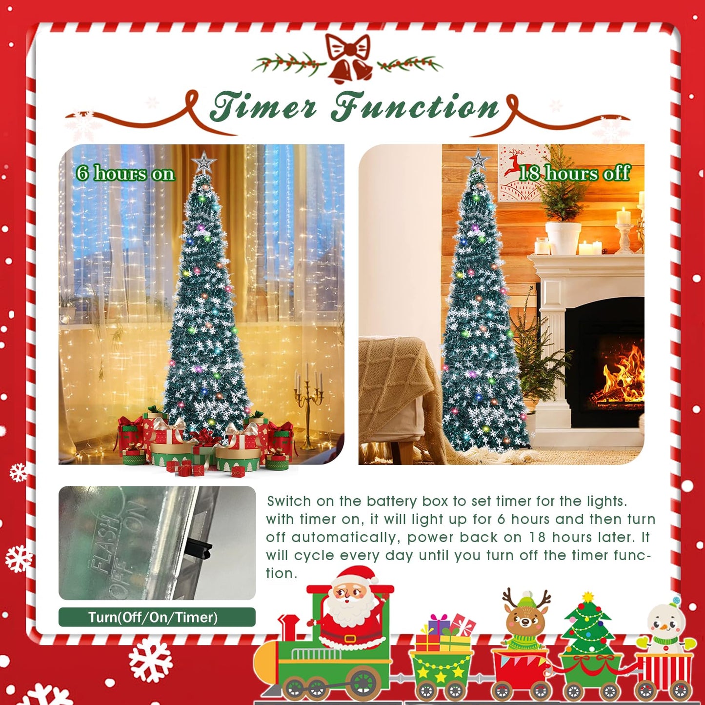 6FT Pop-up Christmas Tree with Timer DIY 100 LED String Lights-Collapsible Prelit Christmas Artifitial Green Snowflake Tree with 3D Star for Xmas Decor Holiday Party Decorations (Peacock Green&White)