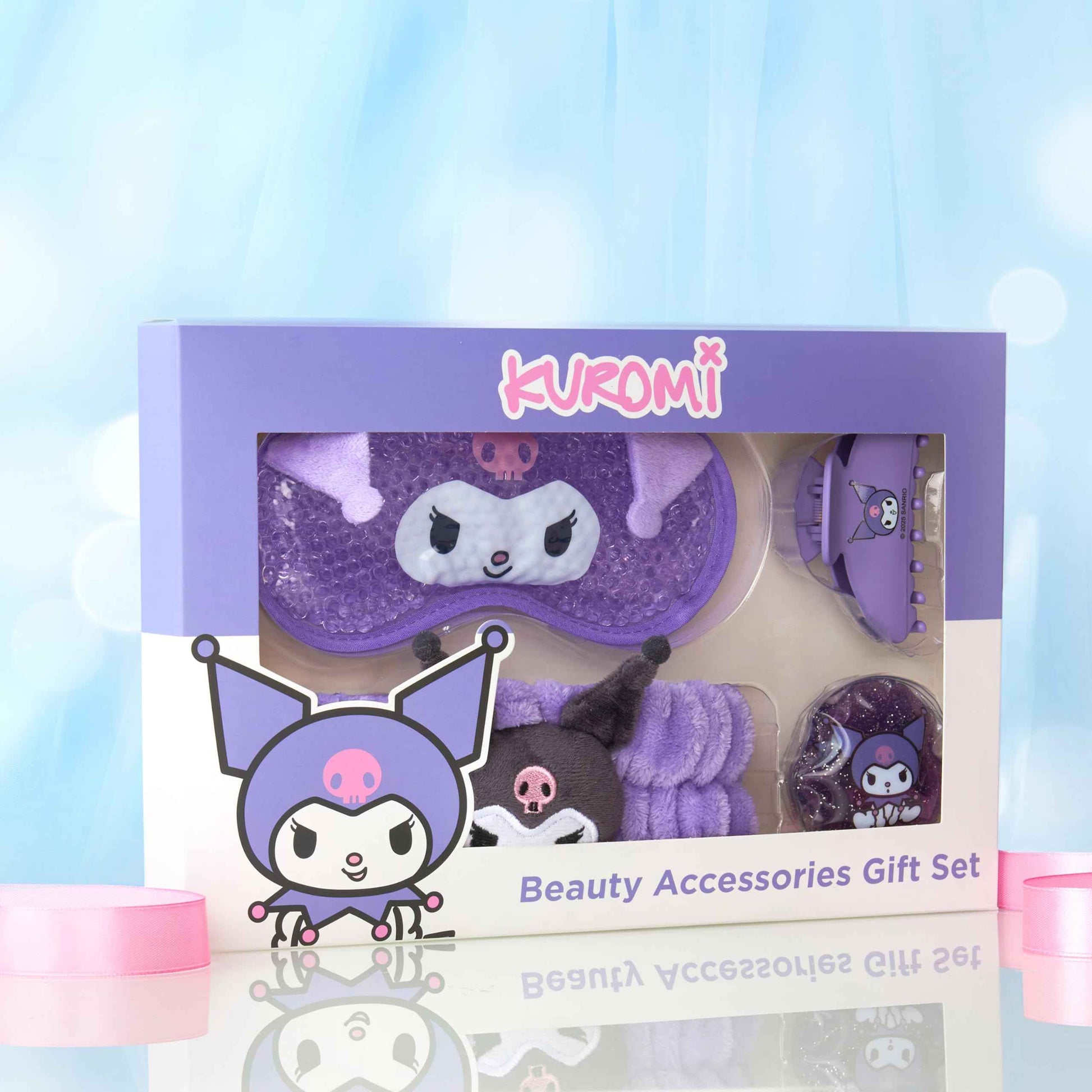 Hello Kitty Sanrio Kuromi Beauty Set for Women, Teens with Cooling Gel Eye Mask, Plush Skincare Headband, Claw Clip, Eye Pads, Kawaii Gifts for Women (Purple Kuromi)
