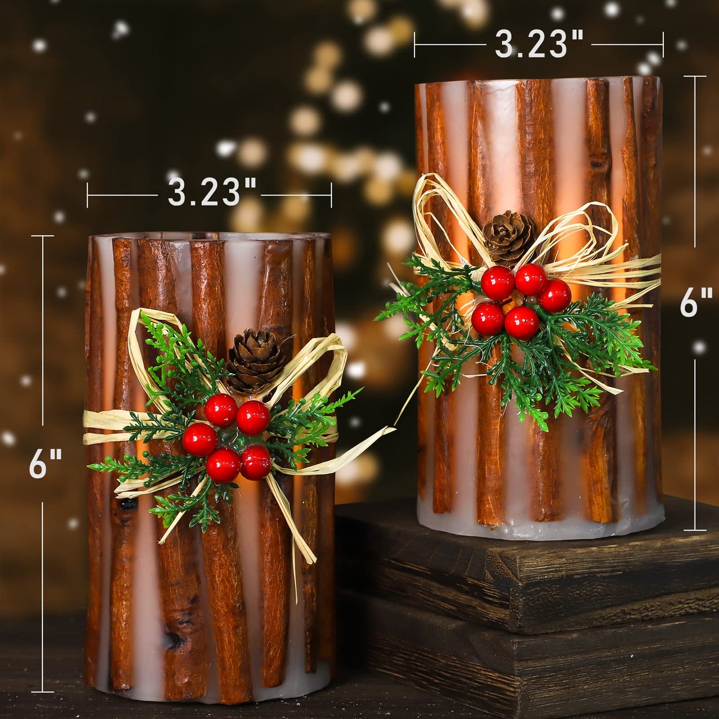 Silverstro Christmas Fake Candles with Remote Embedded Cinnamon Bark Blinks Real Wax Decorative Candles for Home Party Xmas Holiday Decorations - D3.23 X H6 Set of 2