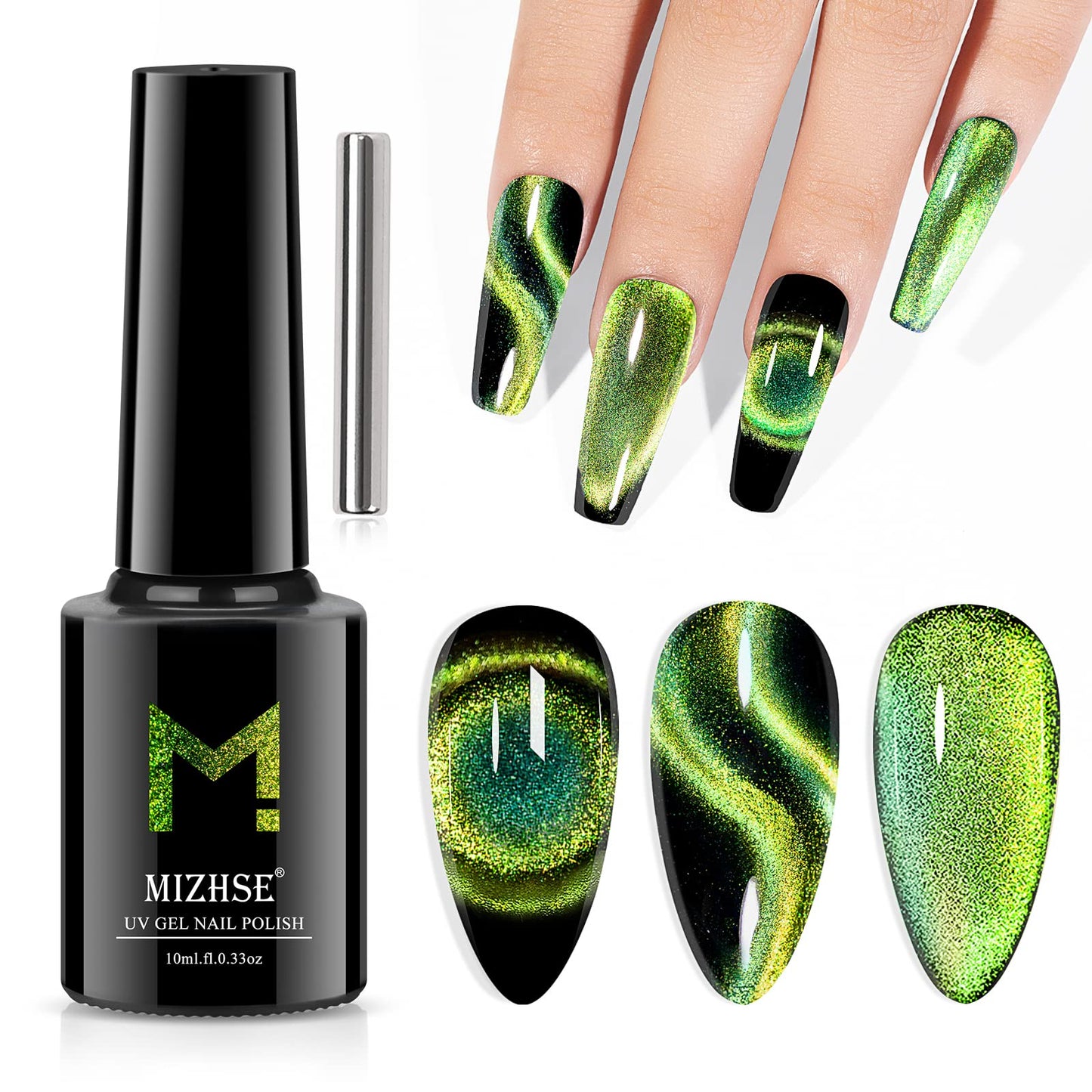 MIZHSE 9D Cat Eye Gel Nail Polish 10ml, Christmas Holographic Galaxy Cateye Magnetic Nail Polish Gel, Magic Chameleon Manicure Set(Green)