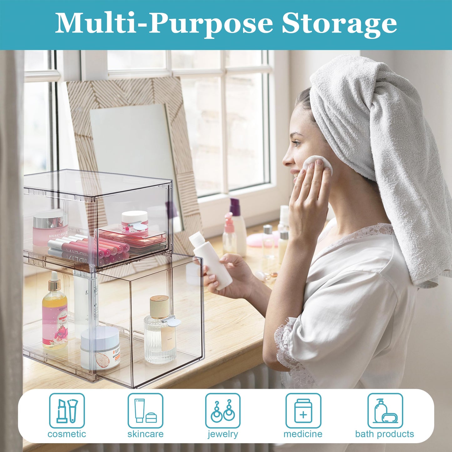 Spaclear Stackable Storage Drawers Set of 2, Clear Makeup Organizer for Vanity, Acrylic Cosmetic Display Cases, Large Capacity Makeup Organizer Countertop, Undersink, Kitchen Organization and Storage