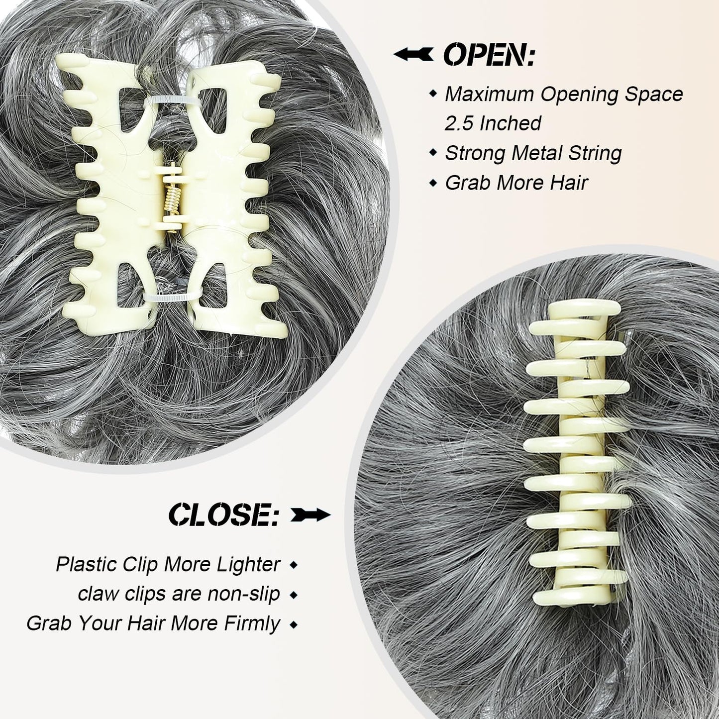 MSMUSAS Messy Bun Hair Piece Claw Clip Curly Wavy Hair Buns Tousled Updo Hair Buns Extensions Scrunchie Long Beard Clip Claw in Bun Hair pieces for Women(Grey Mix White)