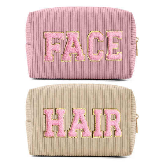 MAGEFY Makeup Bag Corduroy 2 Pcs Cosmetic Bags for Women Preppy Small Makeup Bag with Chenille Letter Patch Makeup Pouch Pink+FACE & Begie+HAIR