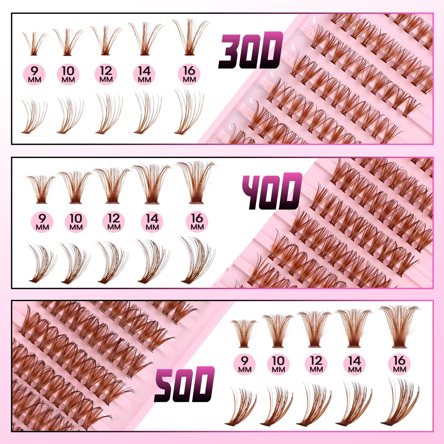 Veleasha Brown Lash Clusters Wispy Individual Lashes 30D+40D+50D Fluffy Brown Clusters Lashes Eyelash Clusters DIY Eyelash Extension at Home Pestañas Pelo a Pelo (30D+40D+50D, 300PCS)