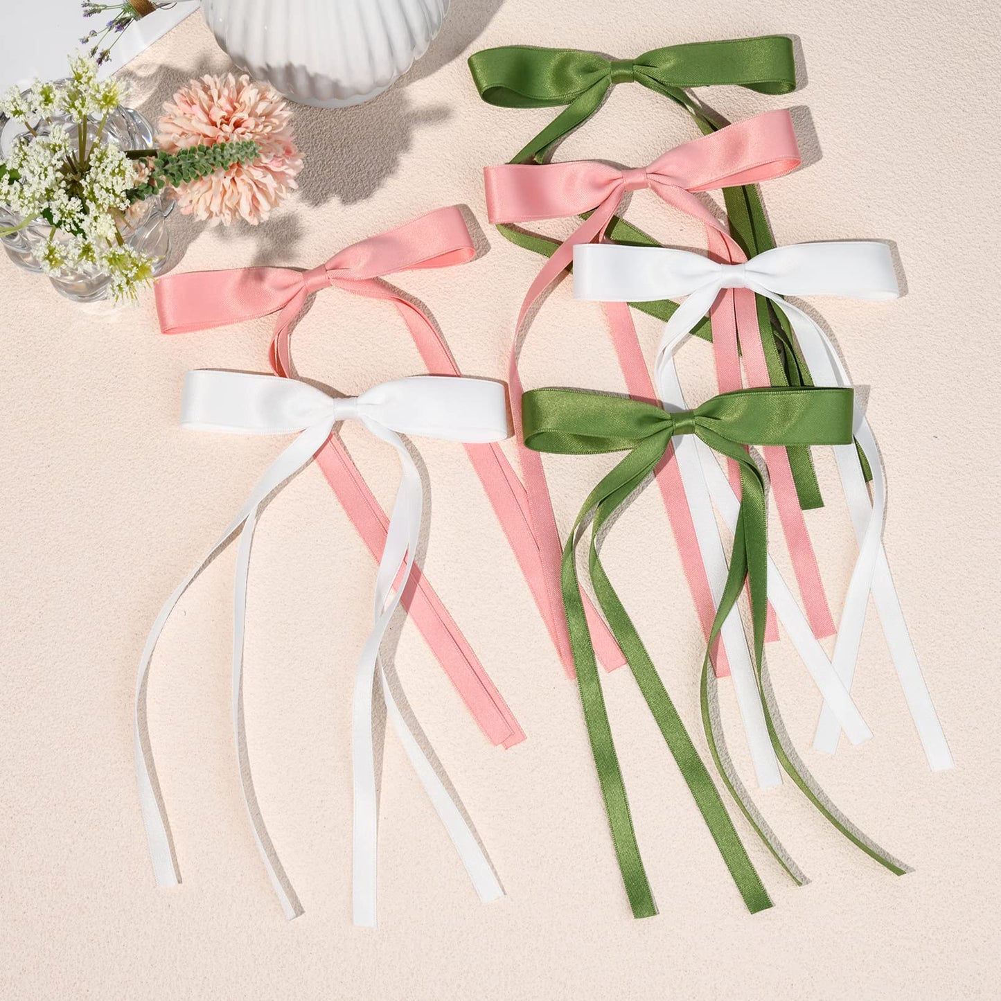 6PCS Hair Bows for Women Hair Clip Hair Tassel Hair Ribbon Ponytail Holder Accessories Slides Metal Clips Barrettes Girls Toddlers Teens Green Pink White