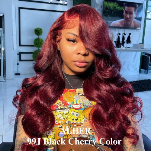 ALHER 99j Color Human Hair Bundles Body Wave, 12A Dark Burgundy Wine Red Colored Bundles Human Hair, 100% Unprocessed Virgin Remy Hair Soft Thick Single Wavy Bundle Sew In Double Weft 16 Inch