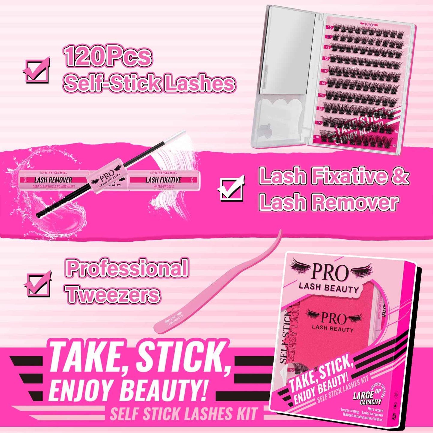 PRO Self Adhesive Eyelashes Kit Press On Lashes 120pcs Lash Clusters Lash Fixative Lash Remover Lash Applicator Eyelash Extension Kit Easy To Apply At Home Lash Extension Kit (Begonia,D-10-18mix Kit)