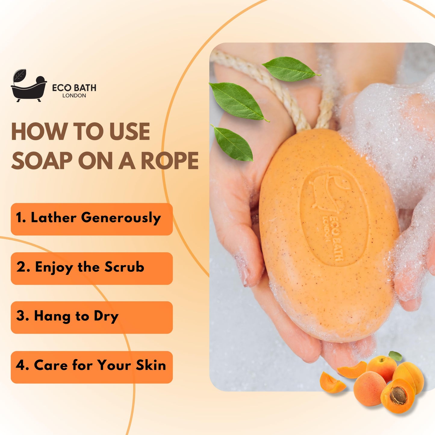 Eco Bath London Apricot Soap on a Rope 220g- Luxury Eco-Friendly Apricot Soap Bar, Scented Body Wash Bar with Shea Butter, Natural Shower Gel Bar for Smooth and Hydrated Skin