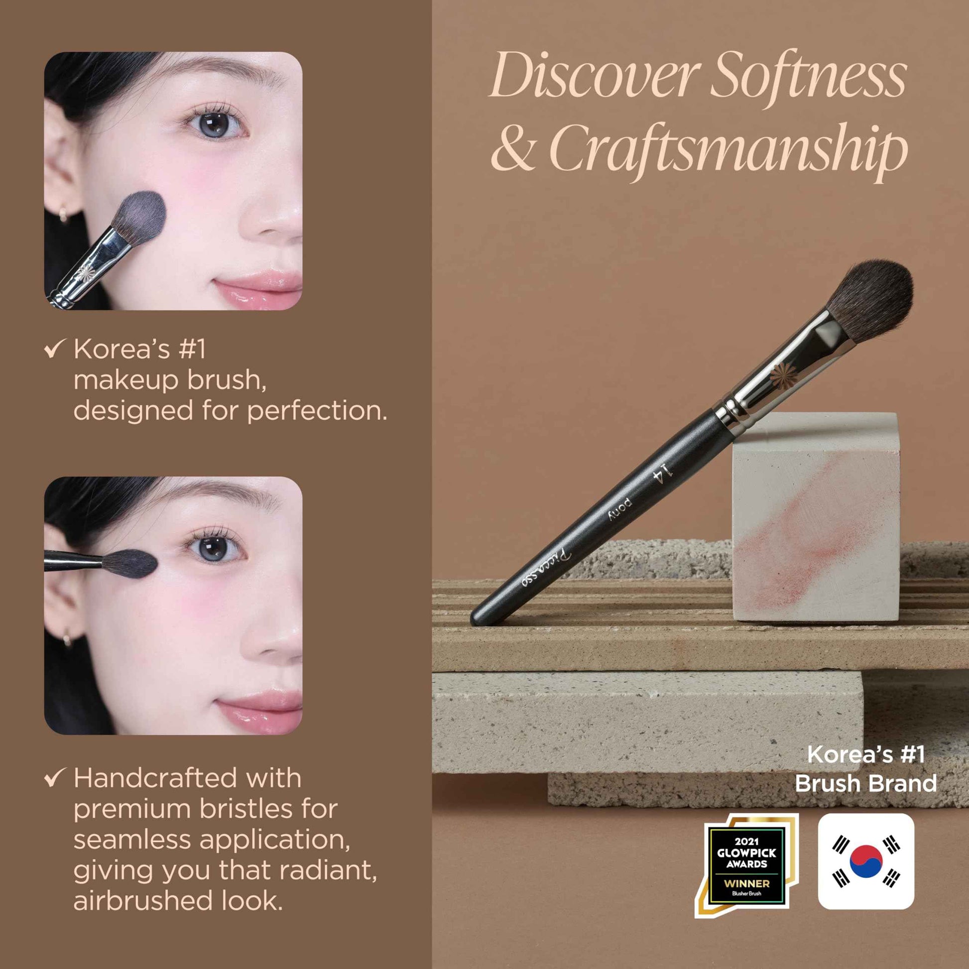 Piccasso PONY14 Makeup Brush– Soft Tapered Blush & Highlighter Applicator for Face Makeup, Fluffy Powder Finish with Soft Hair, Small Size for Precision, Professional Korean Beauty Essential