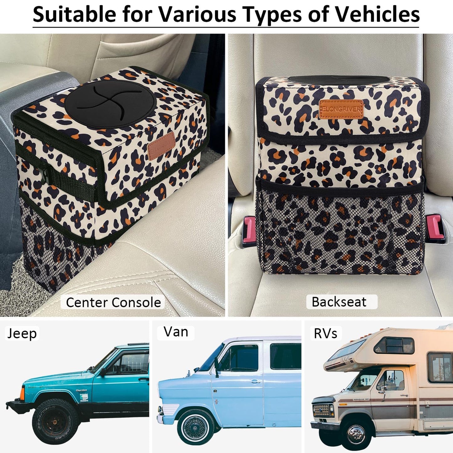 ELONGRIVER Car Trash Can Bin for Car Back Seat Leak Proof, Cute Car Trash Bag Hanging, Vehicle Trash Can for SUV Truck Van, Automotive Car Garbage Cans Front Seat Leopard Print