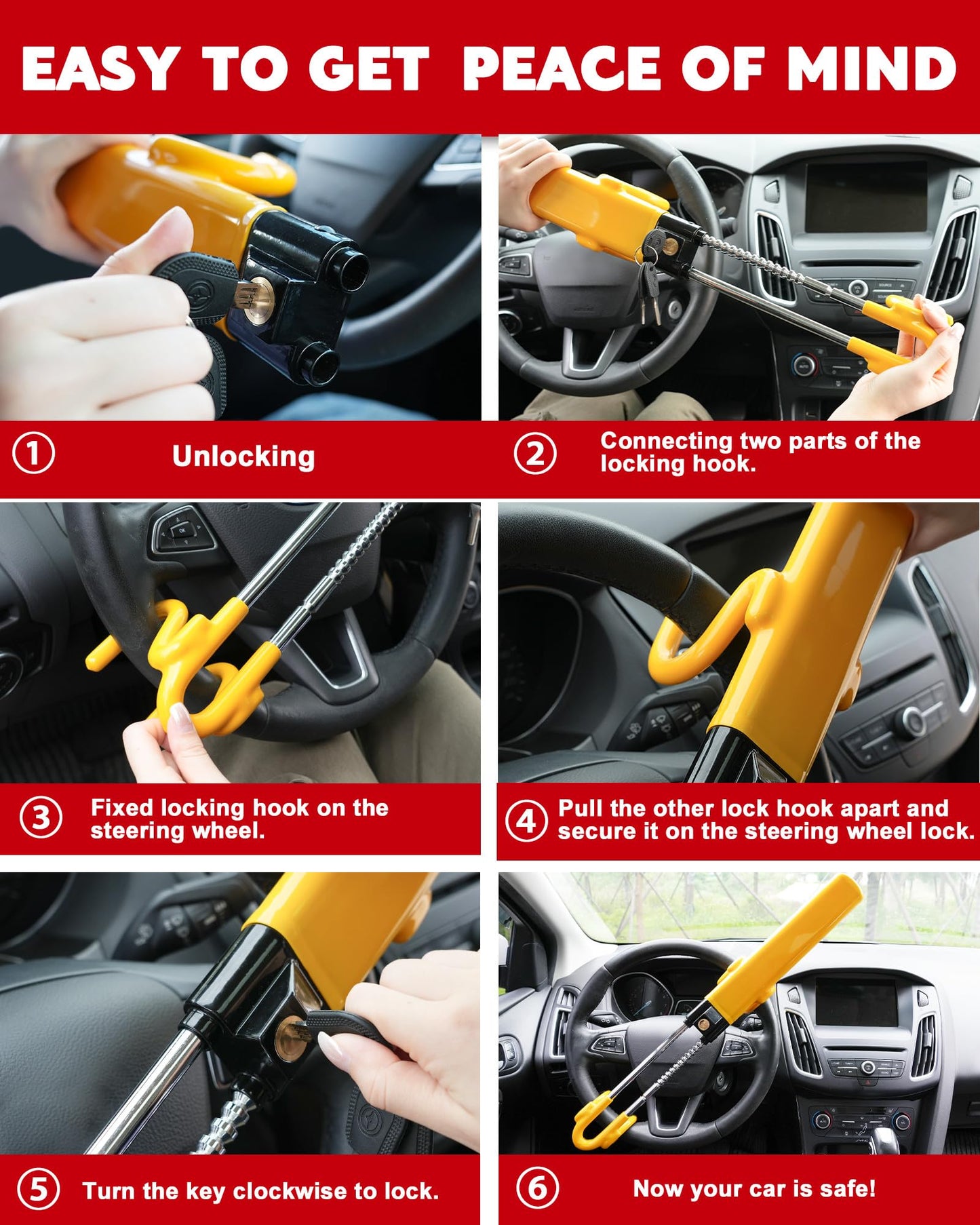 Tevlaphee Steering Wheel Lock - Heavy Duty Antitheft Device and Car Security Lock with Adjustable Locking and 3 Keys - Great Vehicle and Truck Deterrent (Yellow)