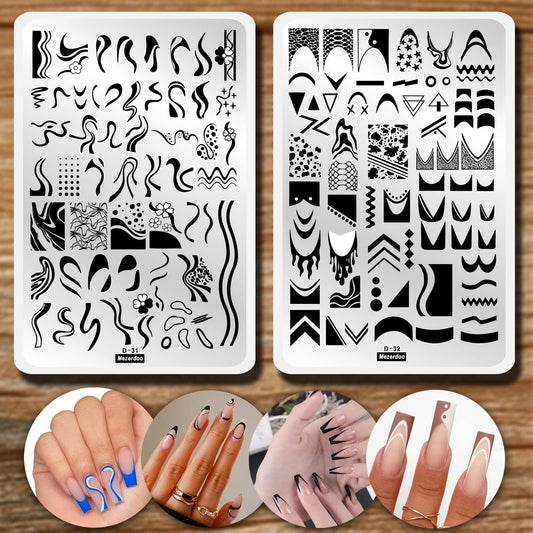 Swirl French Line Nail Stamping Plates Tip Stamp Plate Geometric Wave Stripes Snake Flower Art Stencils Printing Template 2pcs Large Stainless Steel Tools 14.5×9.5cm