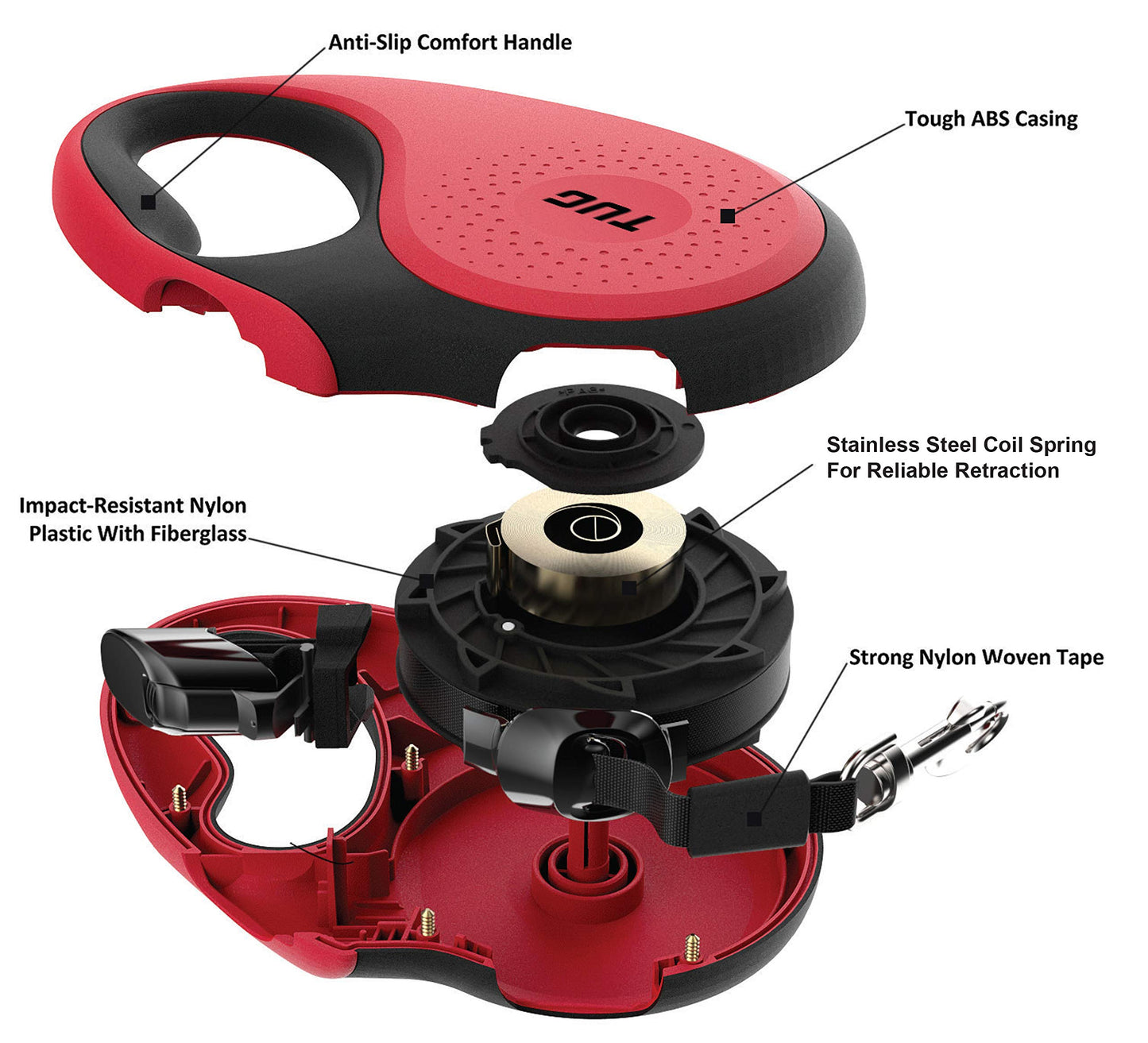 TUG 360° Tangle-Free Retractable Dog Leash with Anti-Slip Handle | 16 ft Strong Nylon Tape | One-Handed Brake, Pause, Lock (Small, Red)