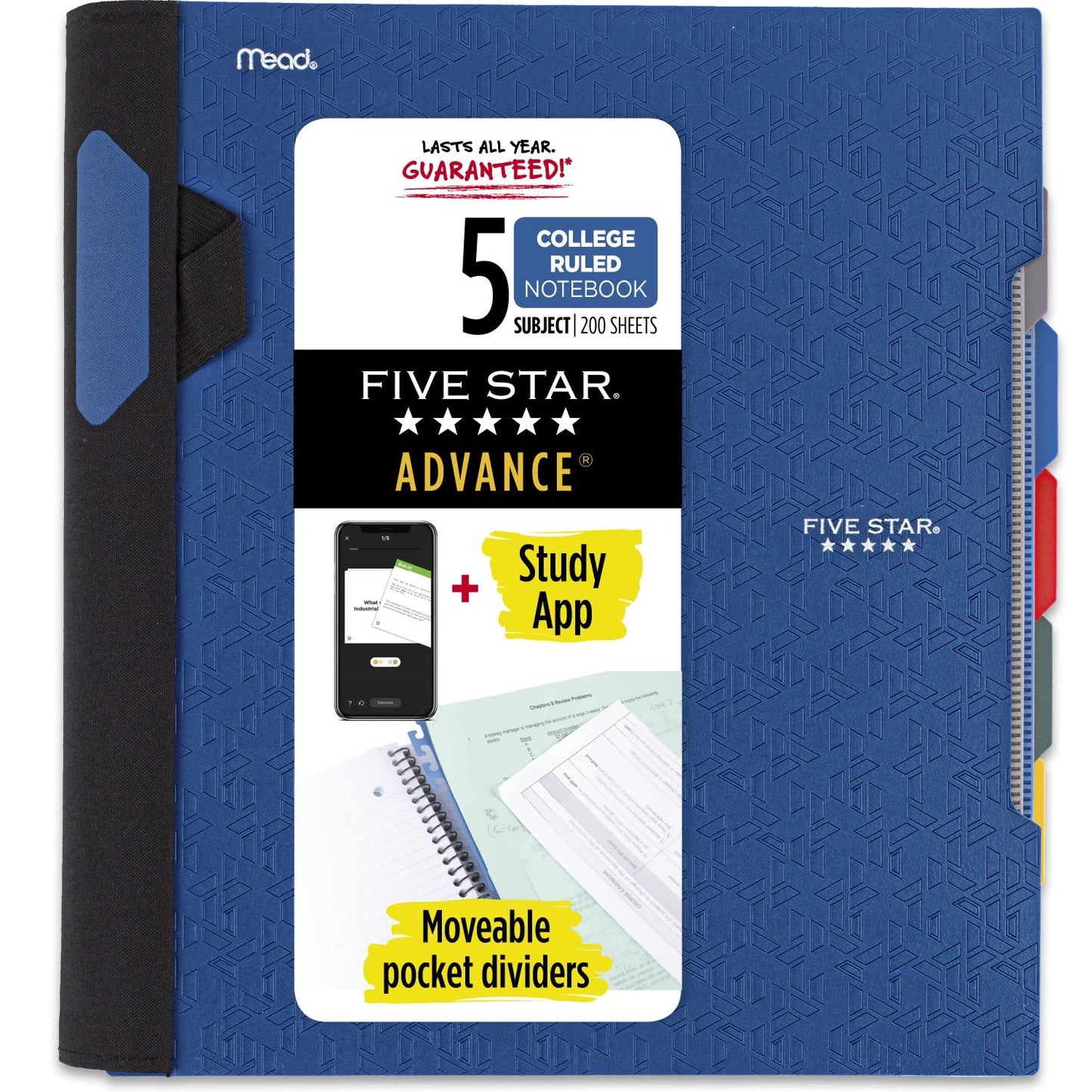 Five Star Spiral Notebook + Study App, 5 Subject, College Ruled Paper, Advance Notebook with Spiral Guard, Movable Tabbed Dividers and Expanding Pockets, 8-1/2" x 11", 200 Sheets, Blue (73150)