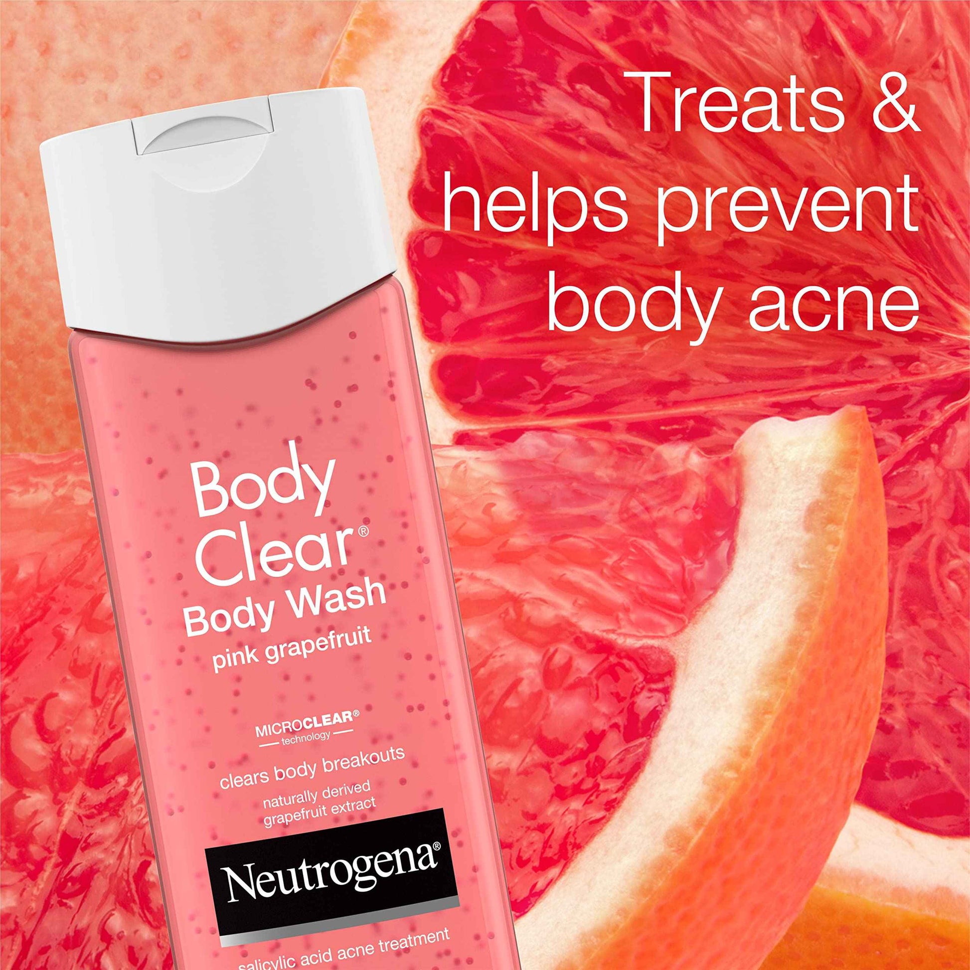 Neutrogena Body Clear Acne Treatment Body Wash with Salicylic Acid Acne Medicine, Pink Grapefruit Body Acne Cleanser to Prevent Breakouts on Back, Chest & Shoulders, 8.5 fl. oz, 3 Pack