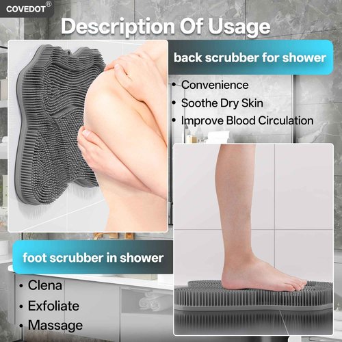 COVEDOT Dual-Sided Silicone Shower Foot Scrubber Mat – Foot Scrubber in Shower for Deep Cleaning & Exfoliation | Wall-Mounted Shower Foot Scrubber Mat & Back Cleaner for Men and Women (Grey, Standard)